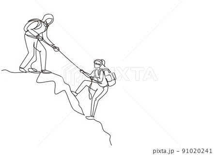 Single continuous line drawing two women hikers climbing up mountain and helping to each other with rope. Business, leadership, achievement and goal concept. One line draw design vector illustration 91020241
