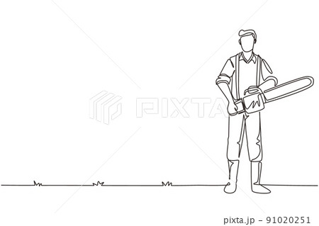 Single continuous line drawing lumberjack with workwear and chainsaw. Wearing shirt, jeans and boots. Lumberjack pose on the logging forest. Dynamic one line draw graphic design vector illustration 91020251