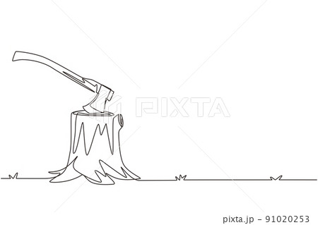 Single continuous line drawing Hatchet in a tree stump. A tree stump with an axe stuck. Forest, camping concept. Axe in stuck at stump. Dynamic one line draw graphic design vector illustration Single continuous line drawing Hatchet in a tree stump. A tree stump with an axe stuck. Forest, camping concept. Axe in stuck at stump. Dynamic one line draw graphic design vector illustration 91020253