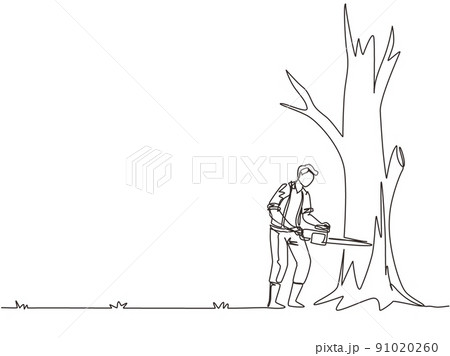 Continuous one line drawing logger sawing log and tree in forest. Wood industry worker with saw in hands. Lumberjack cut timberwood, woodcutter occupation. Single line draw design vector illustration 91020260