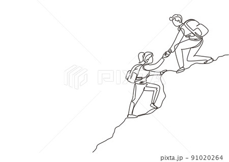 Continuous one line drawing group of people man woman helping each other hike up a mountain. Business, success, leadership, achievement and goal concept. Single line draw design vector illustration Continuous one line drawing group of people man woman helping each other hike up a mountain. Business, success, leadership, achievement and goal concept. Single line draw design vector illustration 91020264