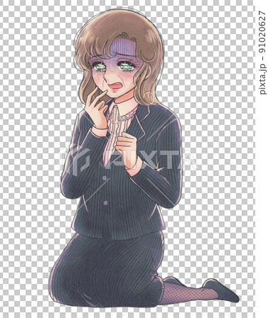 Old girl cartoon illustration-Middle-aged female office worker who is frightened by kneeling Old girl cartoon illustration-Middle-aged female office worker who is frightened by kneeling 91020627