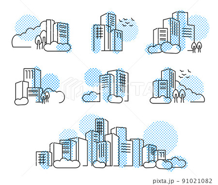 フラットな線画イメージ都市の景観イラストドットパターン フラットな線画イメージ都市の景観イラストドットパターン 91021082