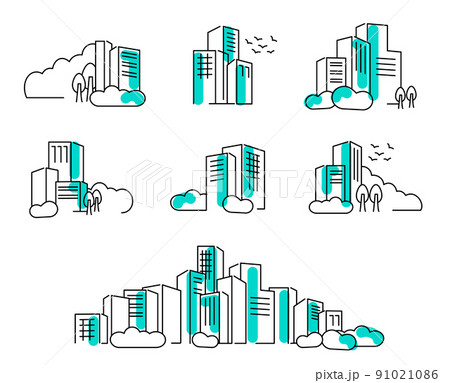 フラットな線画イメージ都市の景観イラスト フラットな線画イメージ都市の景観イラスト 91021086