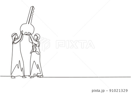 Single continuous line drawing Arabian businessman and businesswoman lift up big key, symbol of success. Male and female hold together key. Partnership can lead to success. One line draw design vector 91021329