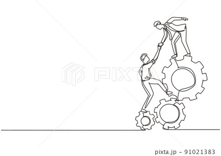 Single one line drawing two young businessmen helping each other to go up to pile of cogs. Teamwork people trust assistance. Technology gear collaboration solution. Continuous line draw design vector Single one line drawing two young businessmen helping each other to go up to pile of cogs. Teamwork people trust assistance. Technology gear collaboration solution. Continuous line draw design vector 91021383