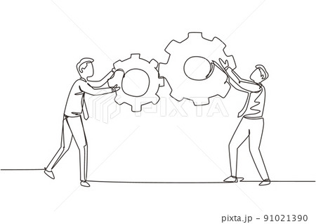 Continuous one line drawing teamwork cooperation in gears mechanism. Two businessmen engaged in business direction to successful. Huge cogwheel machine. Single line draw design vector illustration Continuous one line drawing teamwork cooperation in gears mechanism. Two businessmen engaged in business direction to successful. Huge cogwheel machine. Single line draw design vector illustration 91021390