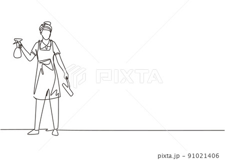 Single continuous line drawing woman cleaning, tidying home, female wiping window glass with detergents, special supplies. Cleanup and housekeeping of apartment or house. One line draw design vector Single continuous line drawing woman cleaning, tidying home, female wiping window glass with detergents, special supplies. Cleanup and housekeeping of apartment or house. One line draw design vector 91021406