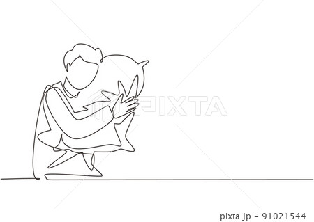 Continuous one line drawing man sleeping and hugging pillow. Sideways sleep position with no bed, young guy lying on his side propped on cushion. Single line draw design vector graphic illustration 91021544