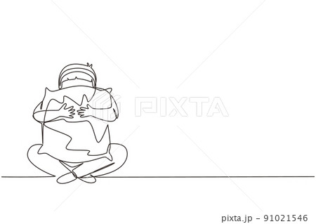 Single continuous line drawing little boy holding pillow ready to sleep. Happy child wearing pajamas going to bed. He has a good night and sweet dream. One line draw graphic design vector illustration Single continuous line drawing little boy holding pillow ready to sleep. Happy child wearing pajamas going to bed. He has a good night and sweet dream. One line draw graphic design vector illustration 91021546