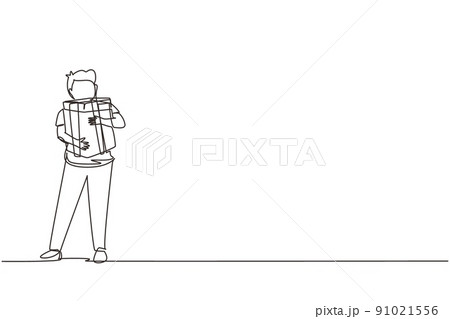Continuous one line drawing kid standing and hugging ribbon bow wrapped gift box in front of his in arms. Cute little boy carries holiday gift box with bow in his hands. Single line draw design vector Continuous one line drawing kid standing and hugging ribbon bow wrapped gift box in front of his in arms. Cute little boy carries holiday gift box with bow in his hands. Single line draw design vector 91021556