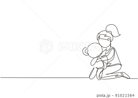 Single one line drawing little girl kid holding and hugging teddy bear doll. Early childhood development, child playing, happy children day. Continuous line draw design graphic vector illustration Single one line drawing little girl kid holding and hugging teddy bear doll. Early childhood development, child playing, happy children day. Continuous line draw design graphic vector illustration 91021564