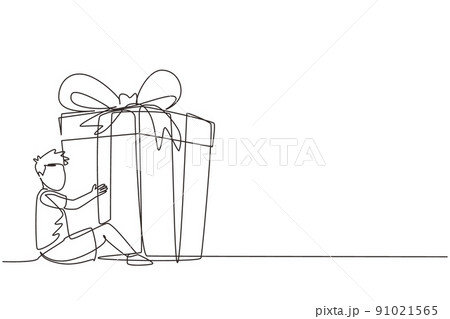 Single one line drawing cute girl holding big ribbon bow wrapped gift box  in front of