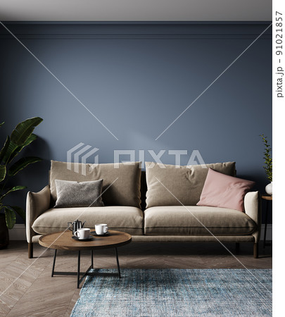 Minimalistic blue living room interior mock up with brown sofa, plant, coffee table, parquet floor, luxury, scandinavian style interior, 3d rendering Minimalistic blue living room interior mock up with brown sofa, plant, coffee table, parquet floor, luxury, scandinavian style interior, 3d rendering 91021857