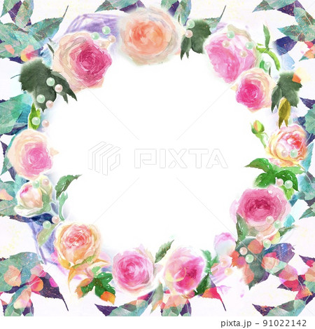バラの花びらとピンクのバラのピエールドロンサールのフラワーアレンジメントの水彩画イラスト  91022142