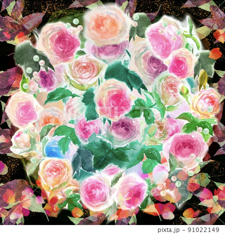 バラの花びらとピンクのバラのピエールドロンサールのフラワーアレンジメントの水彩画イラスト  91022149