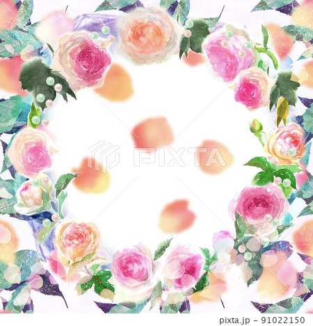 バラの花びらとピンクのバラのピエールドロンサールのフラワーアレンジメントの水彩画イラスト  91022150