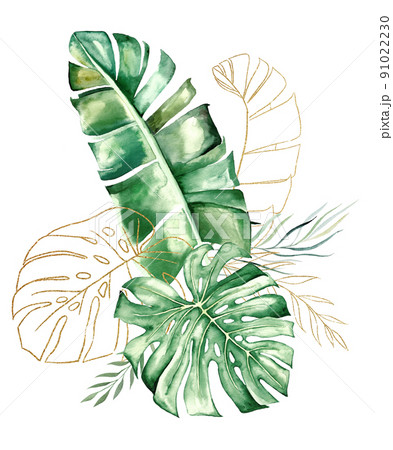 Golden bouquet with green and golden watercolor tropical leaves illustration 91022230