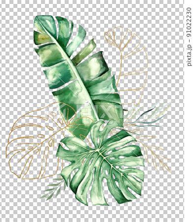 Golden bouquet with green and golden watercolor tropical leaves illustration 91022230