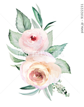 Watercolor light pink flowers and green leaves bouquet, pastel arrangement illustration 91022231