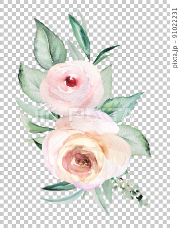Watercolor light pink flowers and green leaves bouquet, pastel arrangement illustration 91022231