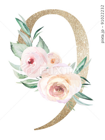Light golden number 9 with watercolor roses and leaves. Pastel floral alphabet Light golden number 9 with watercolor roses and leaves. Pastel floral alphabet 91022232