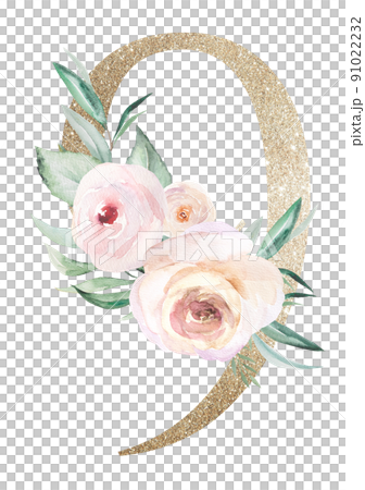 Light golden number 9 with watercolor roses and leaves. Pastel floral alphabet Light golden number 9 with watercolor roses and leaves. Pastel floral alphabet 91022232