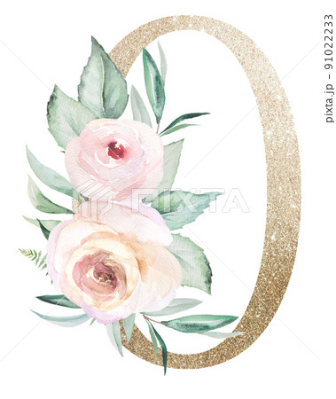 Light golden number 0 with watercolor roses and leaves. Pastel floral alphabet 91022233