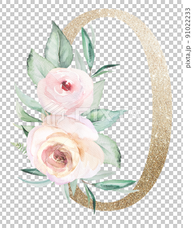 Light golden number 0 with watercolor roses and leaves. Pastel floral alphabet 91022233