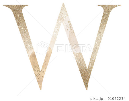 Pastel light Golden capital letter W isolated illustration, glitter holiday design element 91022234