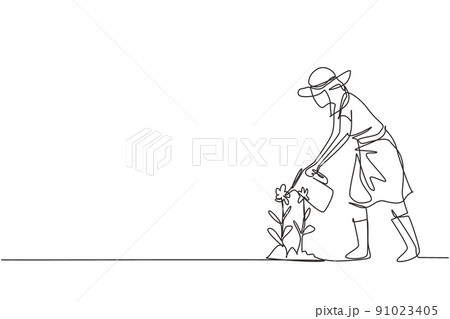 Single continuous line drawing girl volunteer watering plant with watering can, volunteering, charity, supporting people. Botanical garden, planting flowers. One line draw design vector illustration 91023405