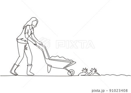 Single continuous line drawing young girl carrying wheelbarrow with plants and flowers outdoor. Home hobby. Garden work. Florist taking care of plant. One line draw design graphic vector illustration Single continuous line drawing young girl carrying wheelbarrow with plants and flowers outdoor. Home hobby. Garden work. Florist taking care of plant. One line draw design graphic vector illustration 91023408