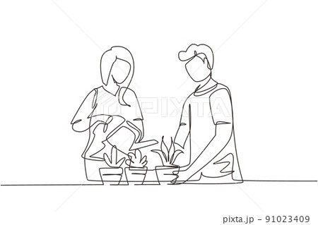 Continuous one line drawing man woman spraying and water flowers on shelf with watering can. Happy couple take care of home plants, flowers in pots enjoying gardening. Single line draw design vector Continuous one line drawing man woman spraying and water flowers on shelf with watering can. Happy couple take care of home plants, flowers in pots enjoying gardening. Single line draw design vector 91023409