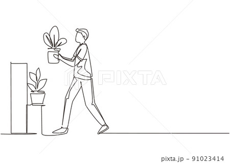 Continuous one line drawing home gardening. Male take care to houseplant. Man carefully puts flower in pot on rack. Hobby growing exotic plants. Stand with rare sprouts. Single line draw design vector 91023414