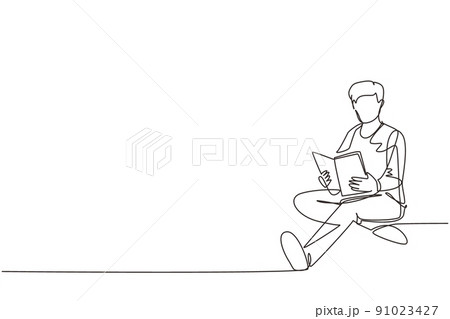 Single one line drawing smart student preparing for exam at home. Young man studying and reading book. Male reader sitting on floor, learning. Continuous line draw design graphic vector illustration Single one line drawing smart student preparing for exam at home. Young man studying and reading book. Male reader sitting on floor, learning. Continuous line draw design graphic vector illustration 91023427