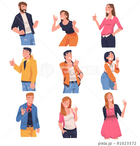 People Character Showing Positive Gesture Like Thumb Up and Ok Symbol Vector Illustration Set 91023572
