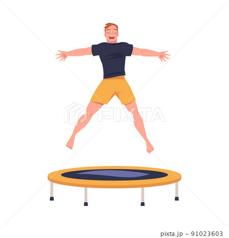 Cheerful Man Character Jumping and Bouncing on Trampoline Engaged in Recreational Activity Vector Illustration 91023603