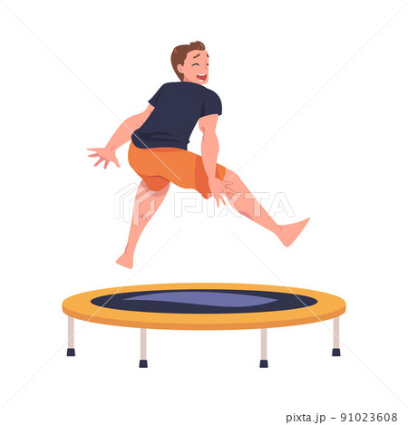 Cheerful Man Character Jumping and Bouncing on Trampoline Engaged in Recreational Activity Vector Illustration Cheerful Man Character Jumping and Bouncing on Trampoline Engaged in Recreational Activity Vector Illustration 91023608