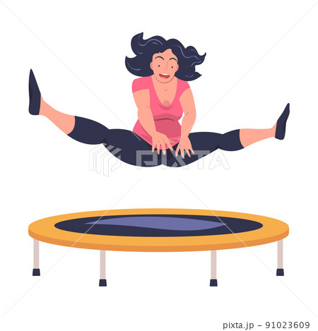 Excited Woman Character Jumping and Bouncing on Trampoline Engaged in Recreational Activity Vector Illustration 91023609