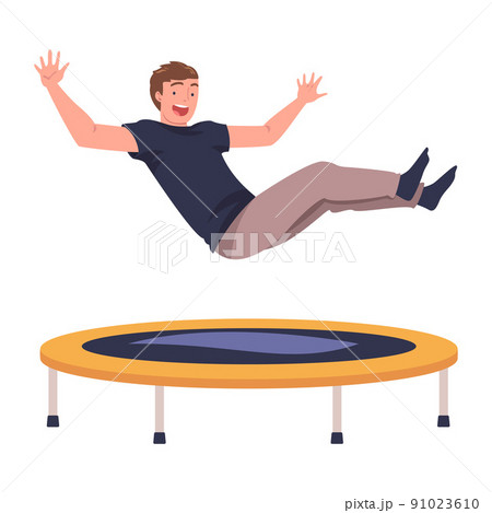 Cheerful Man Character Jumping and Bouncing on Trampoline Engaged in Recreational Activity Vector Illustration 91023610