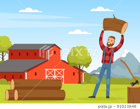 Bearded Man Lumberjack or Woodman in Red Checkered Shirt Holding Log Vector Illustration Bearded Man Lumberjack or Woodman in Red Checkered Shirt Holding Log Vector Illustration 91023646