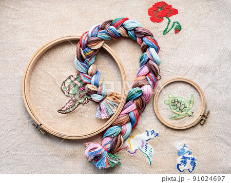 top view of threads woven into braid and hoops 91024697