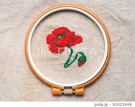 poppy flower in plastic hoop embroidered by hand poppy flower in plastic hoop embroidered by hand 91025048