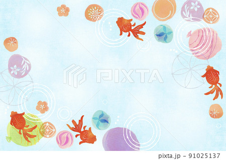 金魚と波紋とヨーヨーとビー玉の夏らしいカラフルな和イメージの柄 水色 金魚と波紋とヨーヨーとビー玉の夏らしいカラフルな和イメージの柄 水色 91025137