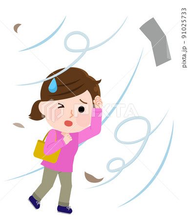 暴風　台風の中歩く女性　イラスト 91025733