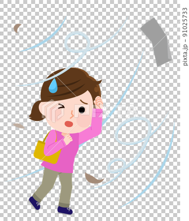 暴風　台風の中歩く女性　イラスト 91025733