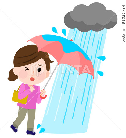 ゲリラ豪雨　困る女性　イラスト 91025734