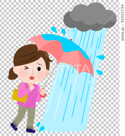 ゲリラ豪雨　困る女性　イラスト 91025734