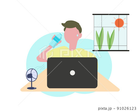 仕事中に水分を補給する男性 パソコン オフィス  水を飲む 室内 夏 窓 91026123