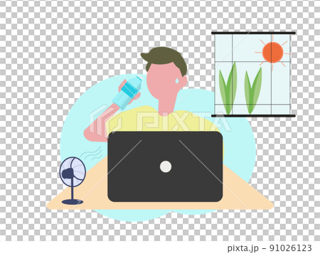 仕事中に水分を補給する男性 パソコン オフィス  水を飲む 室内 夏 窓 91026123